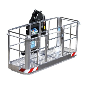 Self-leveling aluminum crane basket with 180º rotation for 2 people.
