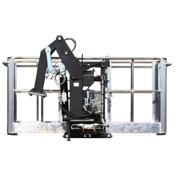 Self-leveling aluminum crane basket with 180º rotation for 3 people.