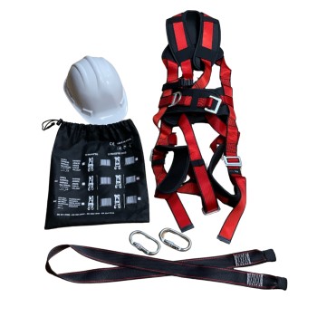 Complete safety kit: harness, lanyards, carabiners, and helmet