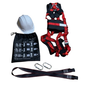 Complete safety kit: harness, lanyards, carabiners, and helmet